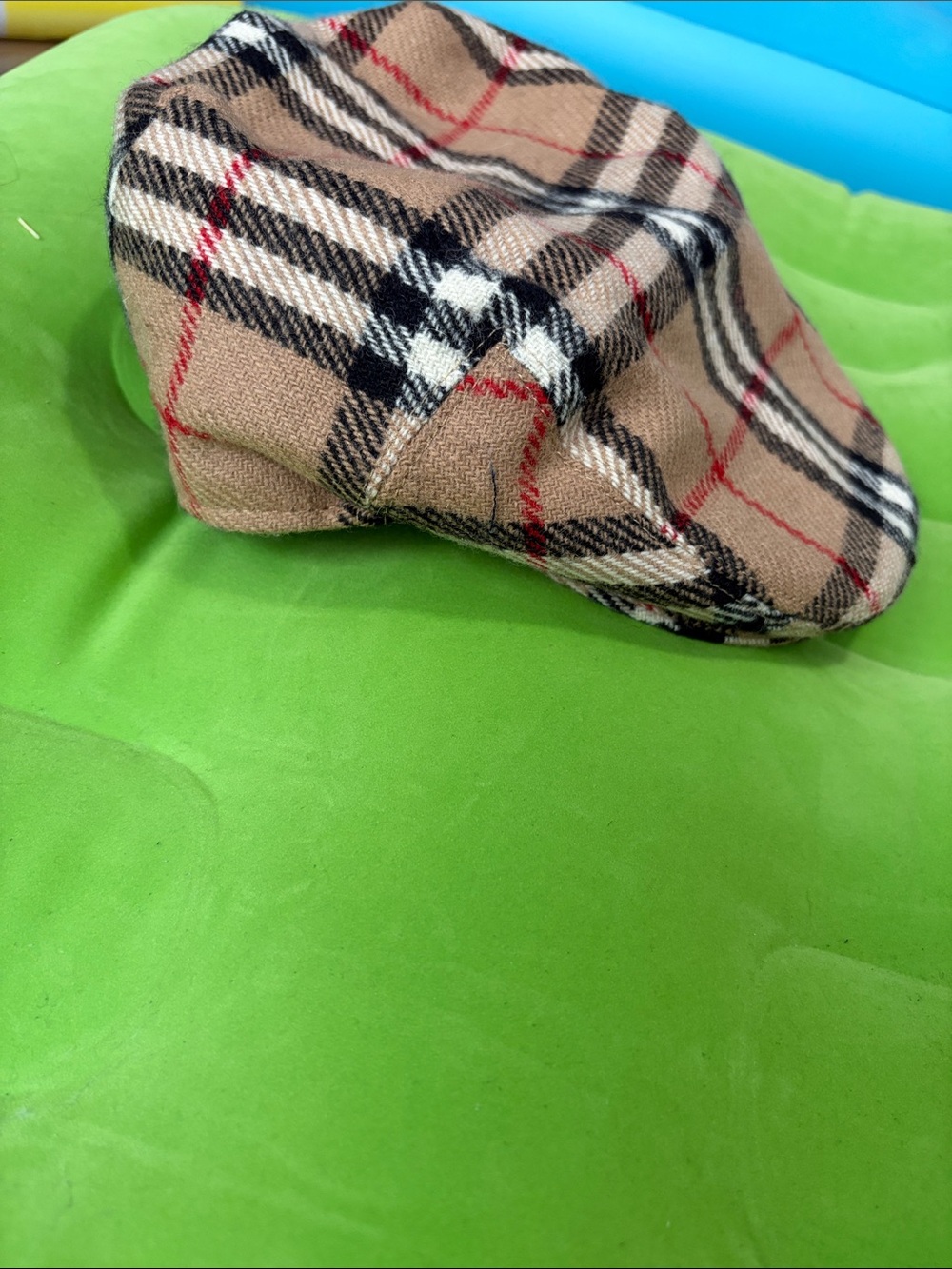 Burberry Tan Plaid Newsboy Cap with Black & Red Accents